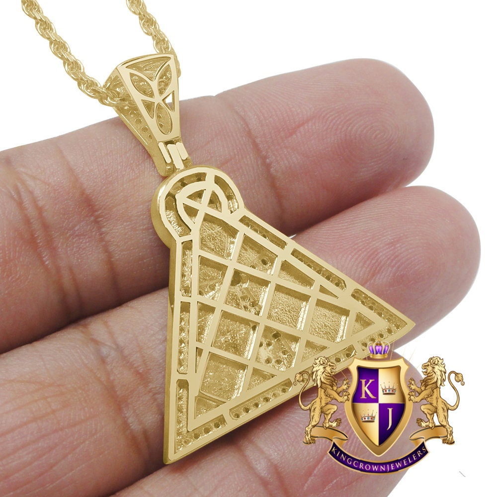 Authentic Real Sterling Silver 14K Gold Finish 1.50 Cwt. Simulated Diamond Egyptian Pyramid Ankh Cross Pendant Charm Chain Set Small 1.50''