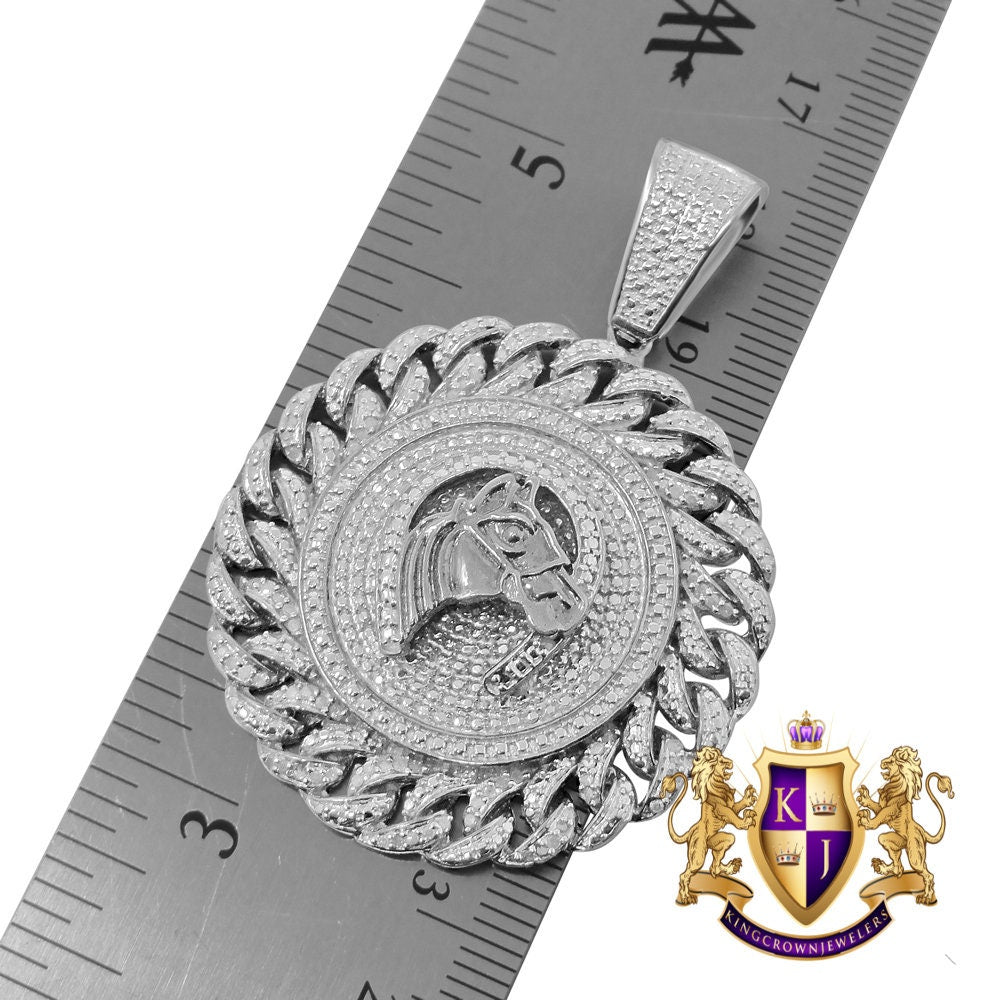 Real Genuine Diamond Lucky Horse shoes Round Charm 10K White Gold Finish Pendent 2''
