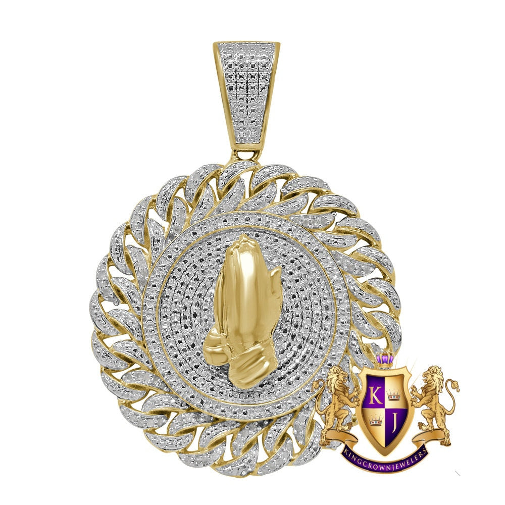 Real Genuine Diamond Praying Hands Round Charm 10K Yellow Gold Finish Pendent 2''