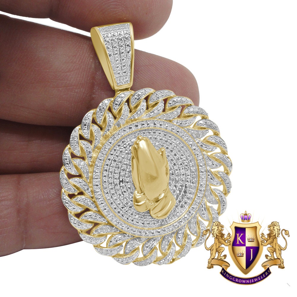 Real Genuine Diamond Praying Hands Round Charm 10K Yellow Gold Finish Pendent 2''