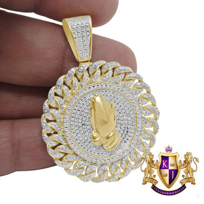 Real Genuine Diamond Praying Hands Round Charm 10K Yellow Gold Finish Pendent 2''