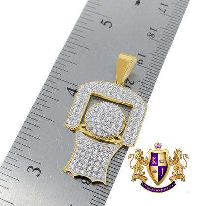 14K Gold Over Real Sterling Silver Simulated Diamond Mini Basketball Hoop Pendent Charm +Chain