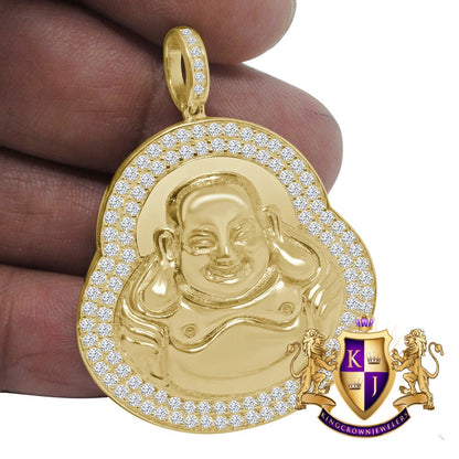 25 + Grams 14K Gold Over Real Genuine Sterling Silver 2.00 Cwt. Simulated Diamond Siddhartha Buddha Religious Pendent Charm Chain Set 2''