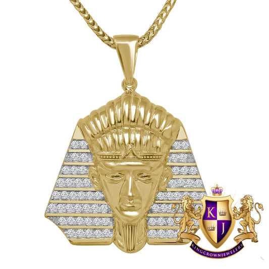 10k Yellow Gold On Real Sterling Silver Simulated Diamond Egyptian Pharaoh Charm Pendant Chain Set