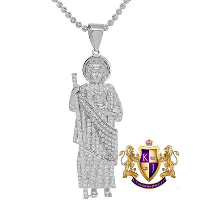 Unisex 14K White Gold On Real Sterling Silver Simulated Diamond Saint Jude San Judas Tadeo Pendent Charm Chain Set 2.15''