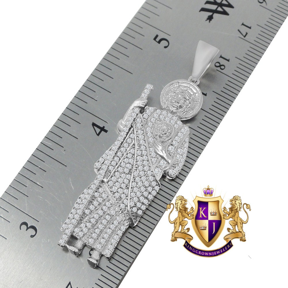 Unisex 14K White Gold On Real Sterling Silver Simulated Diamond Saint Jude San Judas Tadeo Pendent Charm Chain Set 2.15''