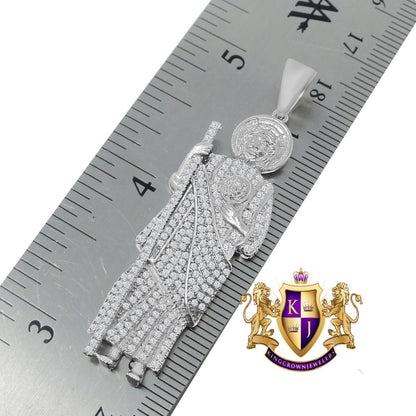 Unisex 14K White Gold On Real Sterling Silver Simulated Diamond Saint Jude San Judas Tadeo Pendent Charm Chain Set 2.15''