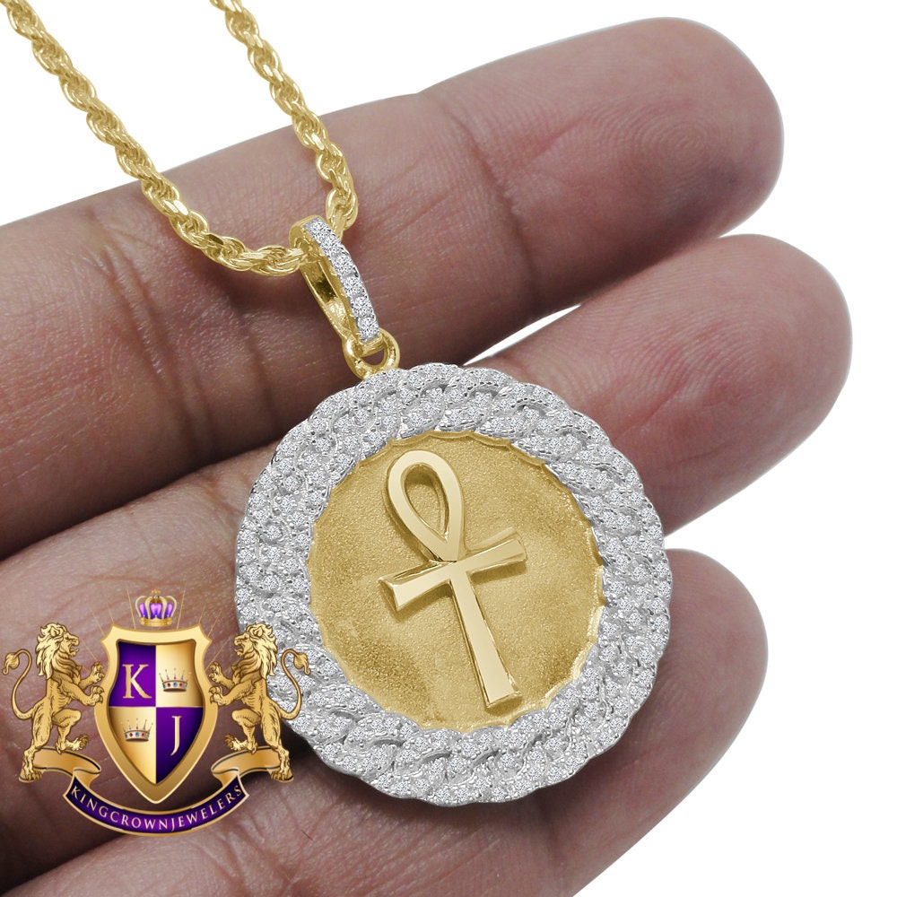 Genuine Authentic Sterling Silver 2.00 Cwt. Simulated Diamond 14K Gold Finish Egyptian Ankh Cross Medallion Charm Pendant Chain Necklace Set