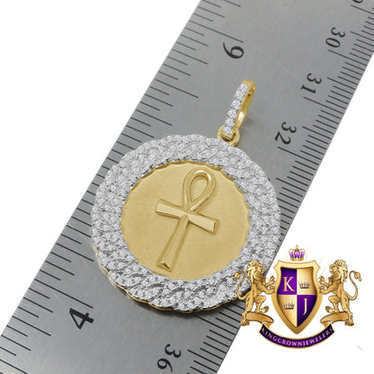 Genuine Authentic Sterling Silver 2.00 Cwt. Simulated Diamond 14K Gold Finish Egyptian Ankh Cross Medallion Charm Pendant Chain Necklace Set