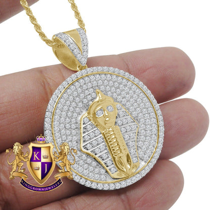 Real Sterling Silver 1.00 Cwt. Simulated Diamond 14K Gold Over Egyptian Pharaoh King Tut Mummy Medallion Pendant Charm Chain Necklace Set