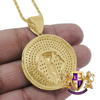 Real Sterling Silver 1.00 Cwt. Simulated Diamond 14K Gold Over Egyptian Pharaoh King Tut Mummy Medallion Pendant Charm Chain Necklace Set