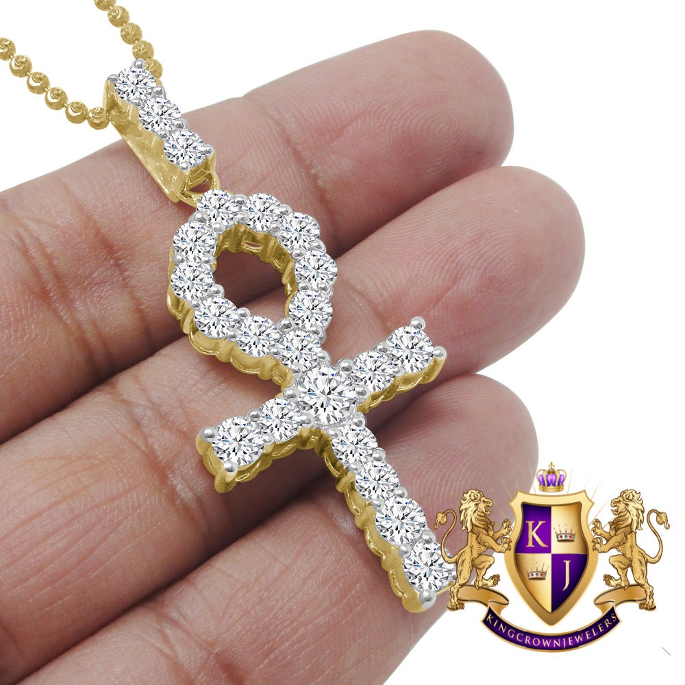 Solitaire Real Genuine Sterling Silver 14K Gold Over 2.00 Cwt. Simulated Diamond Egyptian Ankh Cross Unisex Pendant Charm Chain Neckless Set