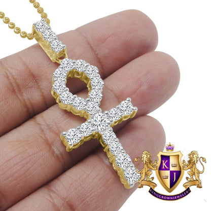 Solitaire Real Genuine Sterling Silver 14K Gold Over 2.00 Cwt. Simulated Diamond Egyptian Ankh Cross Unisex Pendant Charm Chain Neckless Set
