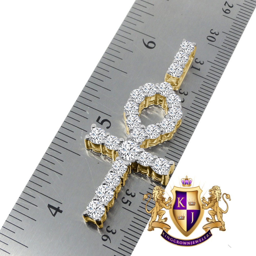 Solitaire Real Genuine Sterling Silver 14K Gold Over 2.00 Cwt. Simulated Diamond Egyptian Ankh Cross Unisex Pendant Charm Chain Neckless Set
