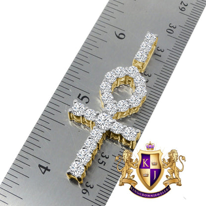 Solitaire Real Genuine Sterling Silver 14K Gold Over 2.00 Cwt. Simulated Diamond Egyptian Ankh Cross Unisex Pendant Charm Chain Neckless Set