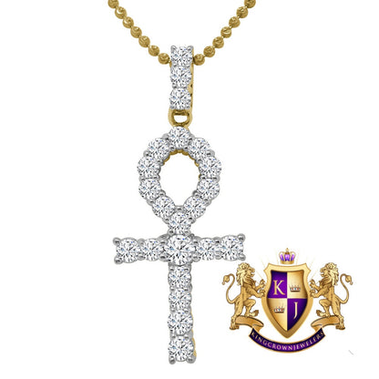 Solitaire Real Genuine Sterling Silver 14K Gold Over 2.00 Cwt. Simulated Diamond Egyptian Ankh Cross Unisex Pendant Charm Chain Neckless Set