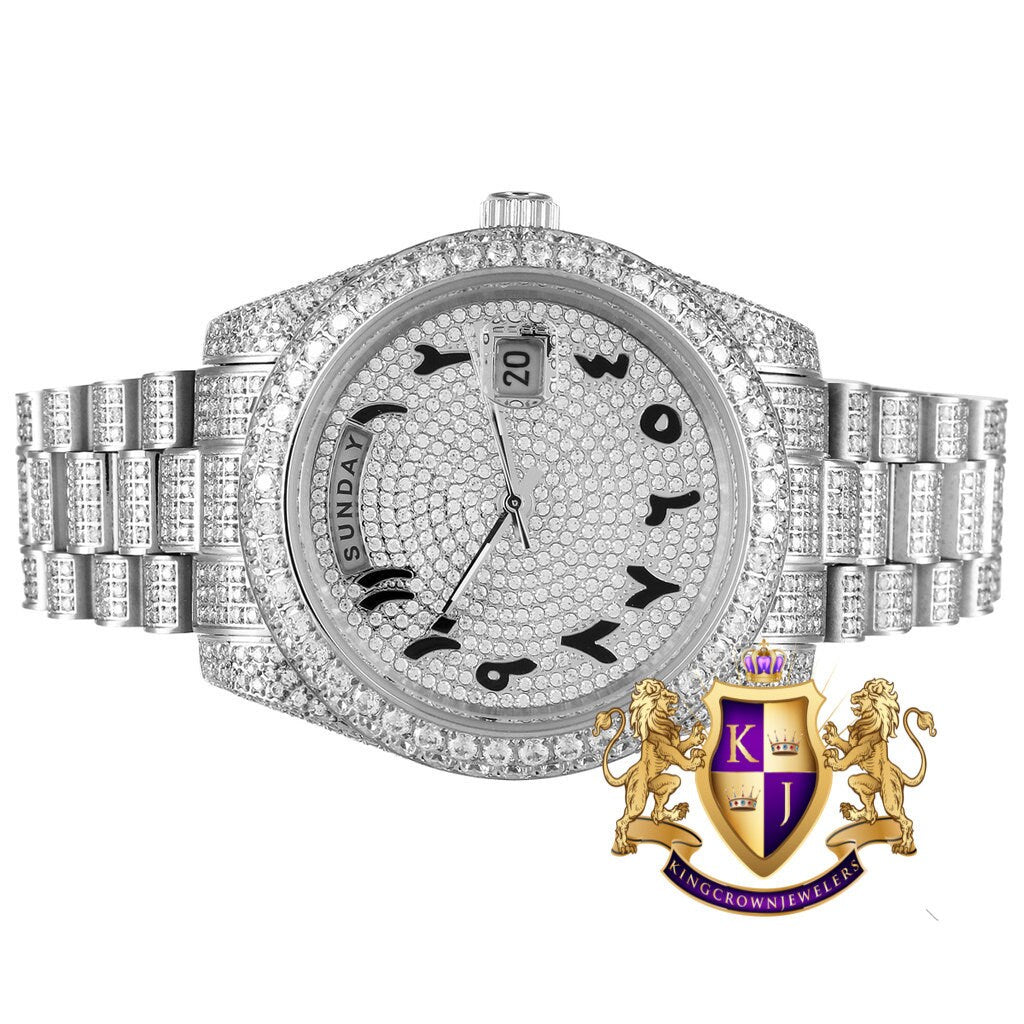 Solid Stainless Steel Arabic Dial 18K White Gold Finish Simulated Diamond Luxury Watch 41mm