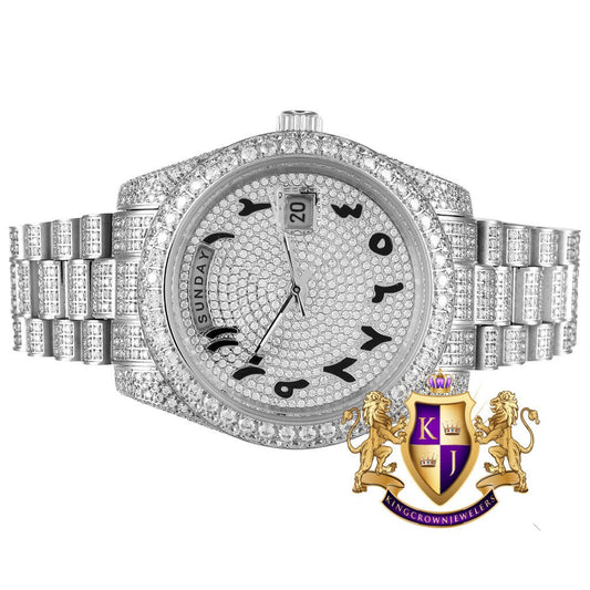 Solid Stainless Steel Arabic Dial 18K White Gold Finish Simulated Diamond Luxury Watch 41mm