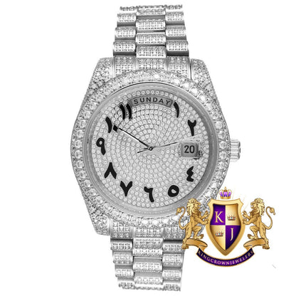 Solid Stainless Steel Arabic Dial 18K White Gold Finish Simulated Diamond Luxury Watch 41mm
