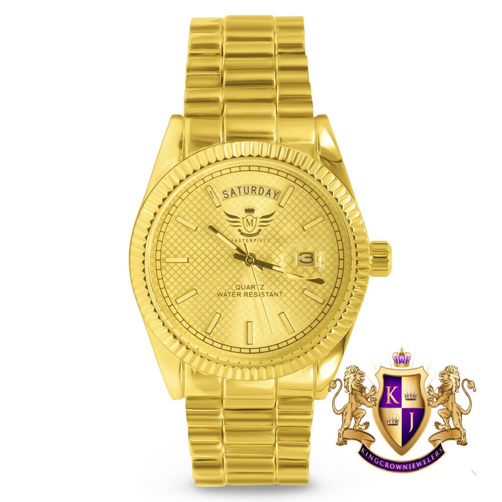 Mens 14K Yellow Gold Finish Day/Date Function Steel Back Metal Band Water Resistance Watch