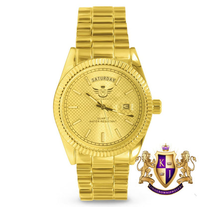 Mens 14K Yellow Gold Finish Day/Date Function Steel Back Metal Band Water Resistance Watch