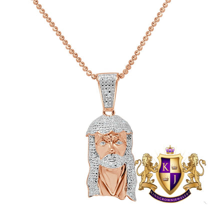 Mens Ladies Real Genuine Diamond 10K Rose Gold Finish Exquisite Mini Jesus Pendant Charm With Chain