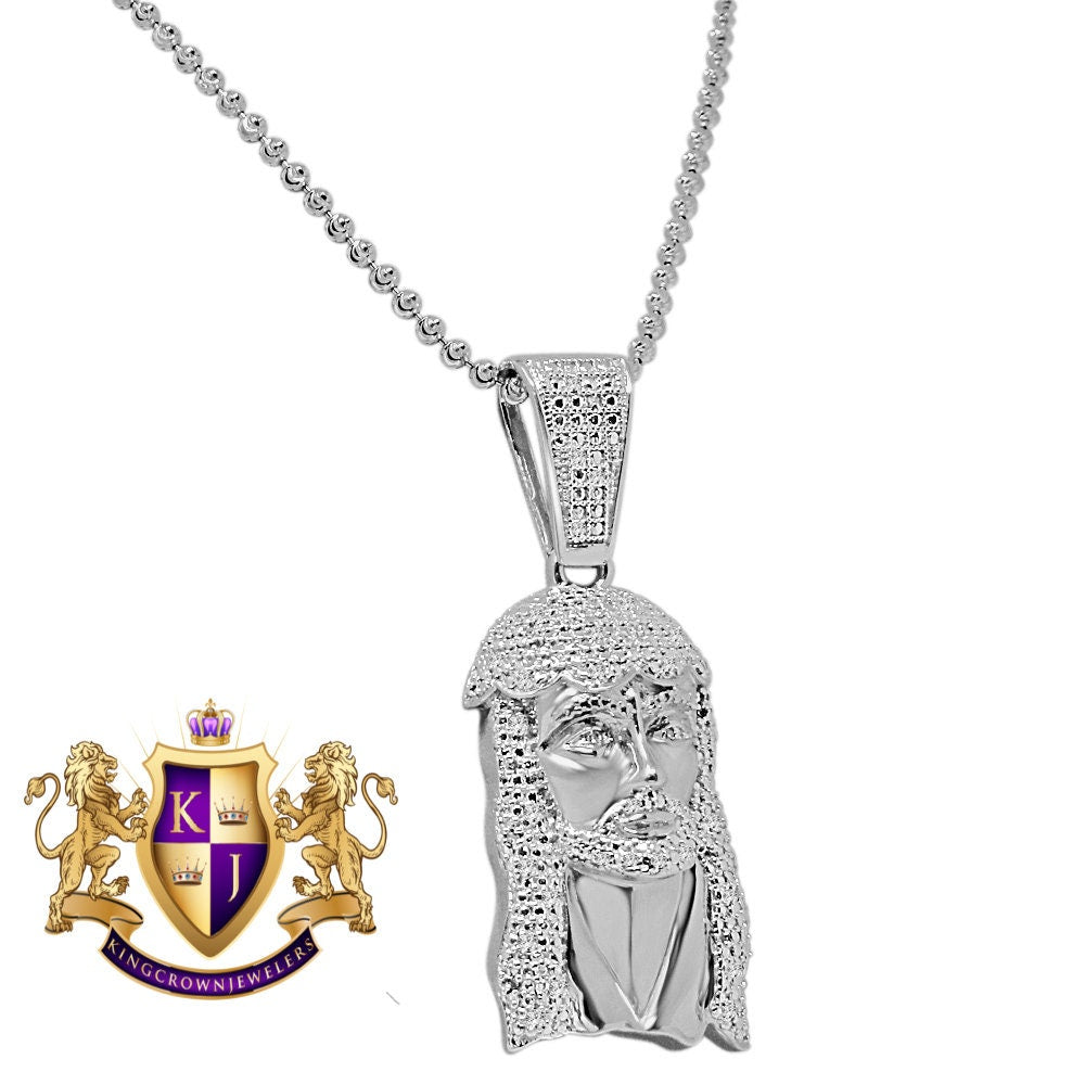 Mens Ladies Real Genuine Diamond 10K White Gold Finish Exquisite Mini Jesus Pendant Charm With Chain