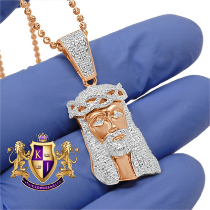 Mens Real Genuine Diamond Jesus Head Mini Pendant Charm Chain Set 10K Rose Gold Finish