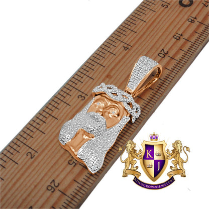 Mens Real Genuine Diamond Jesus Head Mini Pendant Charm Chain Set 10K Rose Gold Finish