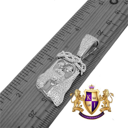 Mens Real Genuine Diamond Jesus Head Mini Pendant Charm Chain Set 10K White Gold Finish