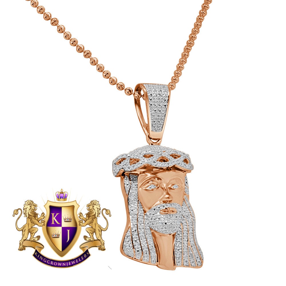 Unisex Real Genuine Diamonds Mini Jesus Face Piece 10K Rose Gold Finish Pendent Charm Set