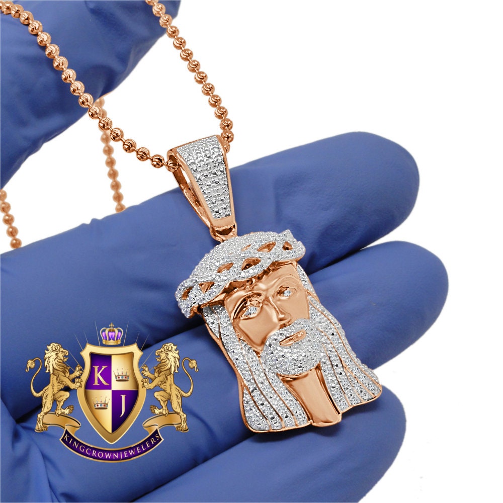 Unisex Real Genuine Diamonds Mini Jesus Face Piece 10K Rose Gold Finish Pendent Charm Set
