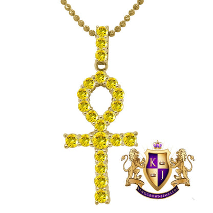 Canary Real Yellow Gold Sterling Silver Simulated Diamond Egyptian Ankh Cross Pendent Charm Chain Set