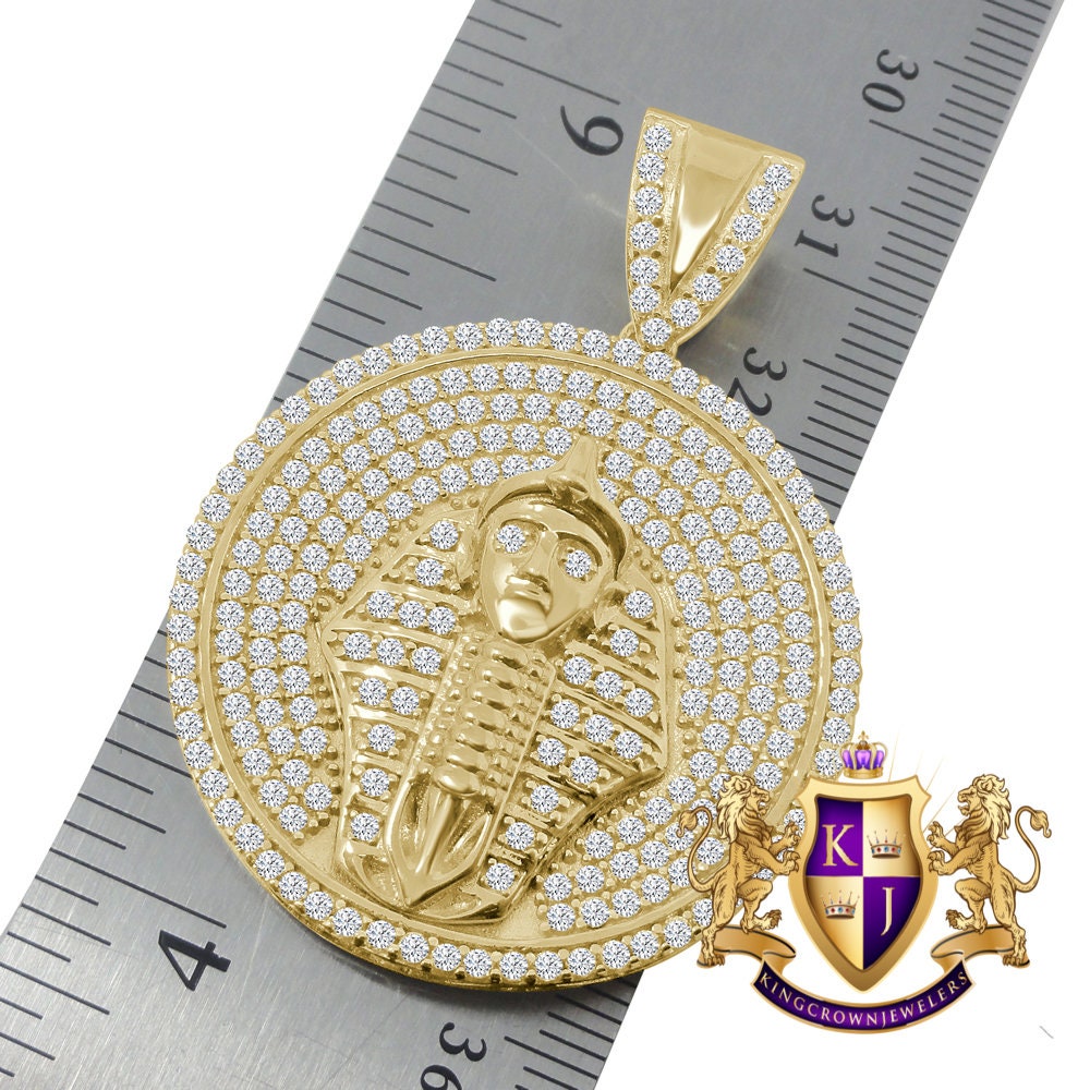10K Yellow Gold Sterling Silver Simulated Diamond Pharaoh King Tut Medallion Mens Pendant Charm Necklace
