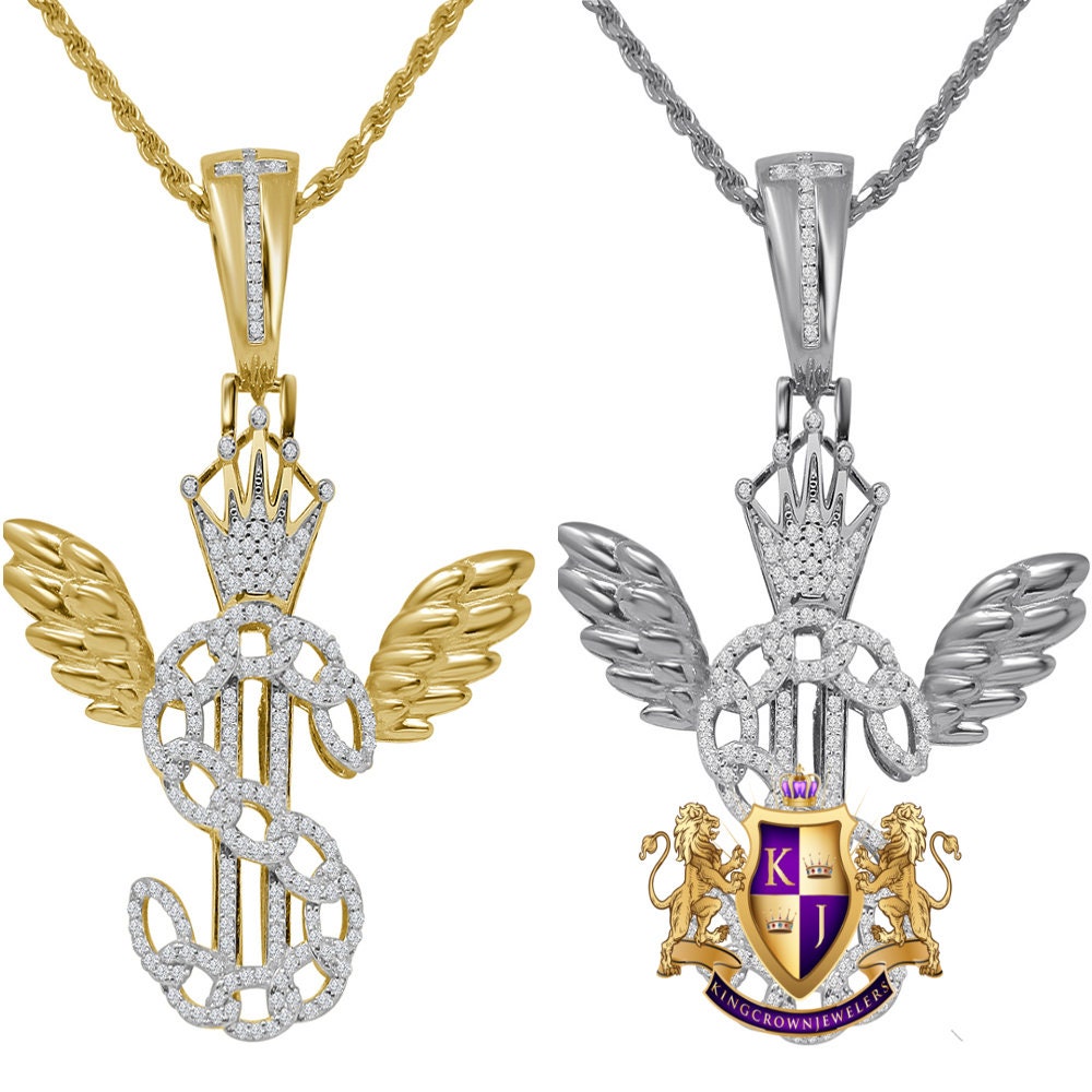 Men's Flying Money Dollar Sign Crown Custom Pendent Real Sterling Silver Charm Chain Set