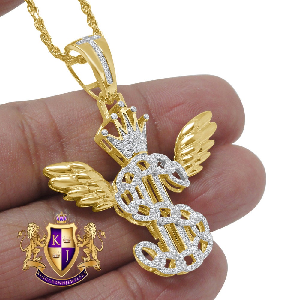 Men's Flying Money Dollar Sign Crown Custom Pendent Real Sterling Silver Charm Chain Set