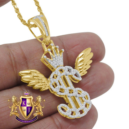 Men's Flying Money Dollar Sign Crown Custom Pendent Real Sterling Silver Charm Chain Set
