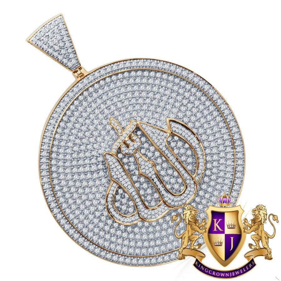 2.55'' Real 14K Gold On Genuine Sterling Silver Simulated Diamond Allah God Muslim Arabic Islamic Charm Pendant Round Medallion 33+ Grams