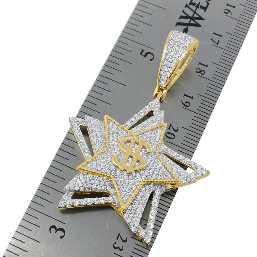 Men's Money Dollar Sign Lucky Star Custom Pendent Real Sterling Silver Charm Chain Set