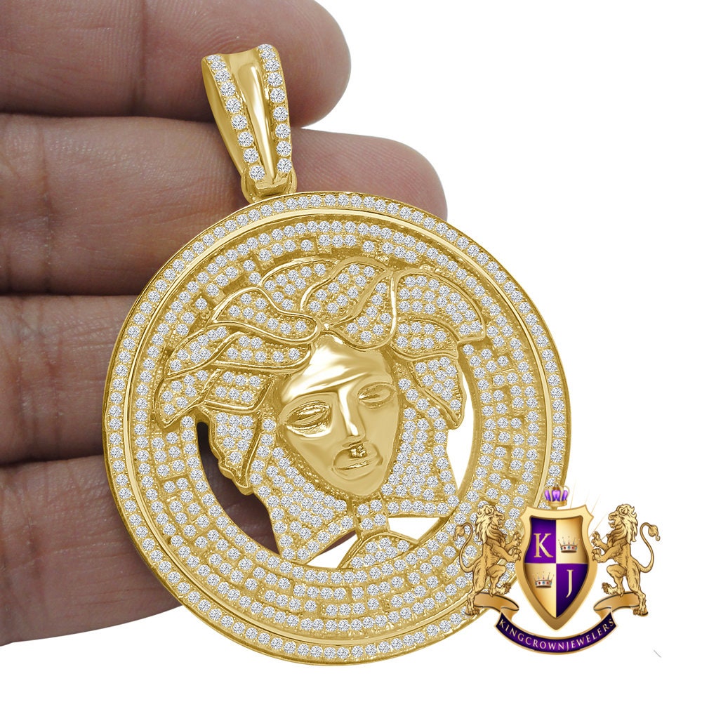 Big XL 2.55'' Real Yellow Gold On Genuine Sterling Silver Simulated Diamond Greek Lady Custom Pendant Medallion  Charm