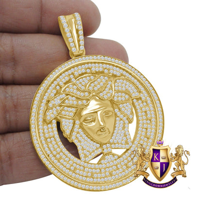 Big XL 2.55'' Real Yellow Gold On Genuine Sterling Silver Simulated Diamond Greek Lady Custom Pendant Medallion  Charm