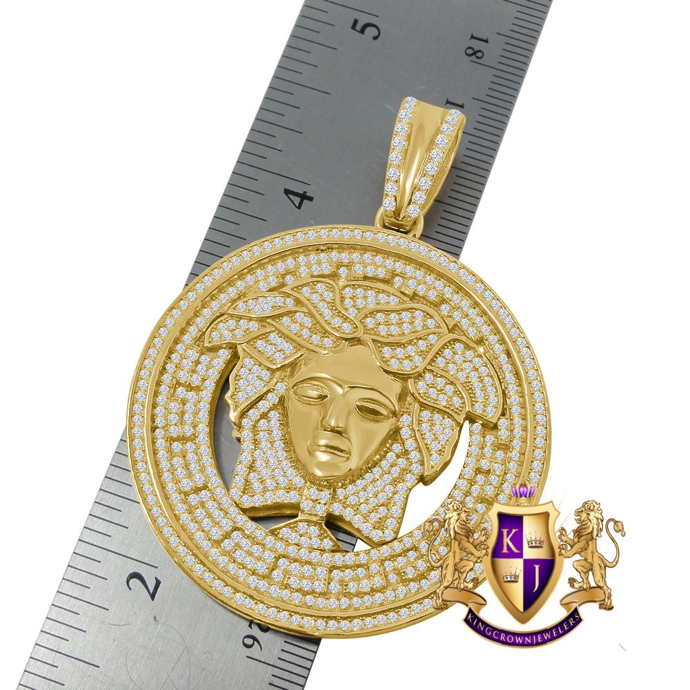Big XL 2.55'' Real Yellow Gold On Genuine Sterling Silver Simulated Diamond Greek Lady Custom Pendant Medallion  Charm