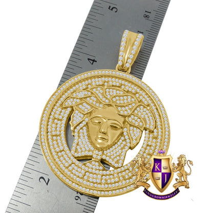 Big XL 2.55'' Real Yellow Gold On Genuine Sterling Silver Simulated Diamond Greek Lady Custom Pendant Medallion  Charm