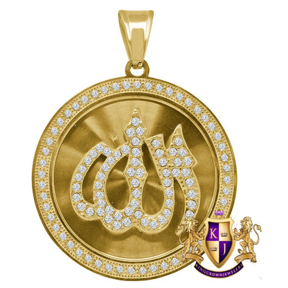 23+ Grams High Quality Solid Stainless Steel 18K Gold Finish Simulated Diamond Allah God Muslim Islamic Arabic Pendant Charm Round Medallion