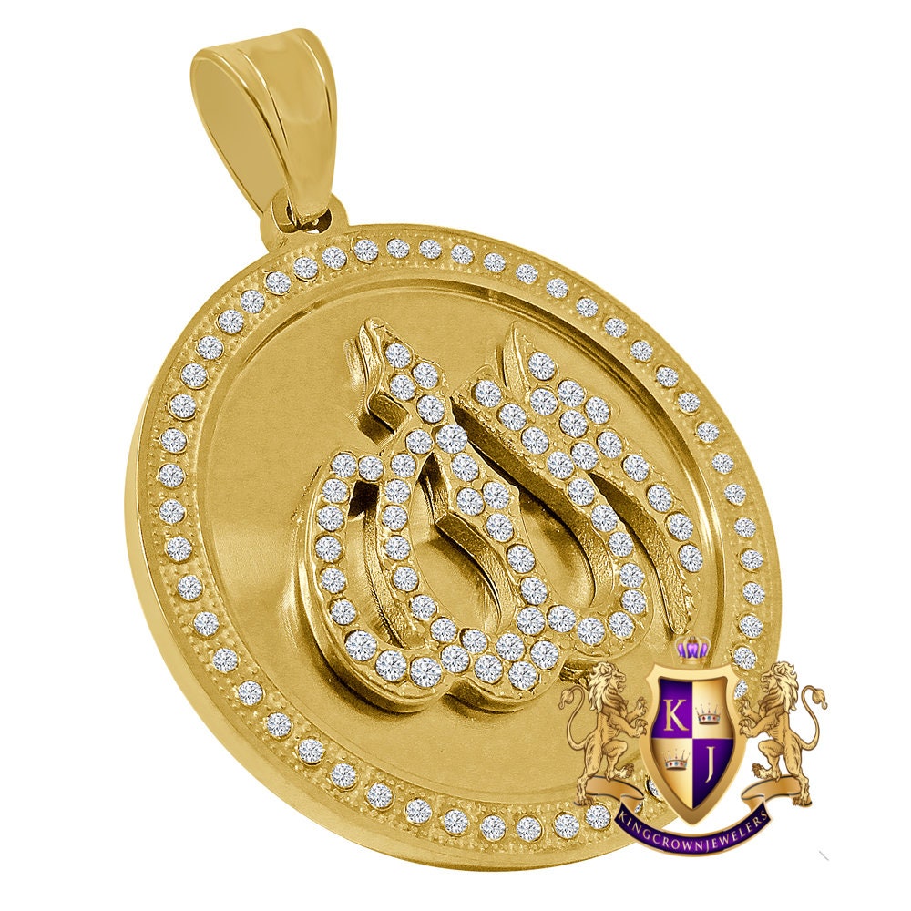 23+ Grams High Quality Solid Stainless Steel 18K Gold Finish Simulated Diamond Allah God Muslim Islamic Arabic Pendant Charm Round Medallion