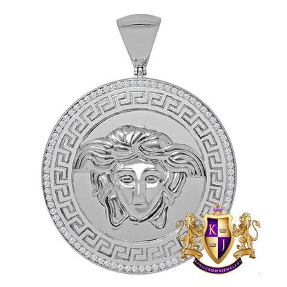 14k White Gold On Genuine Sterling Silver Simulated Diamond Lady Custom Pendant Medallion Charm Big 2.50''