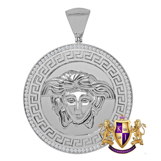 14k White Gold On Genuine Sterling Silver Simulated Diamond Lady Custom Pendant Medallion Charm Big 2.50''
