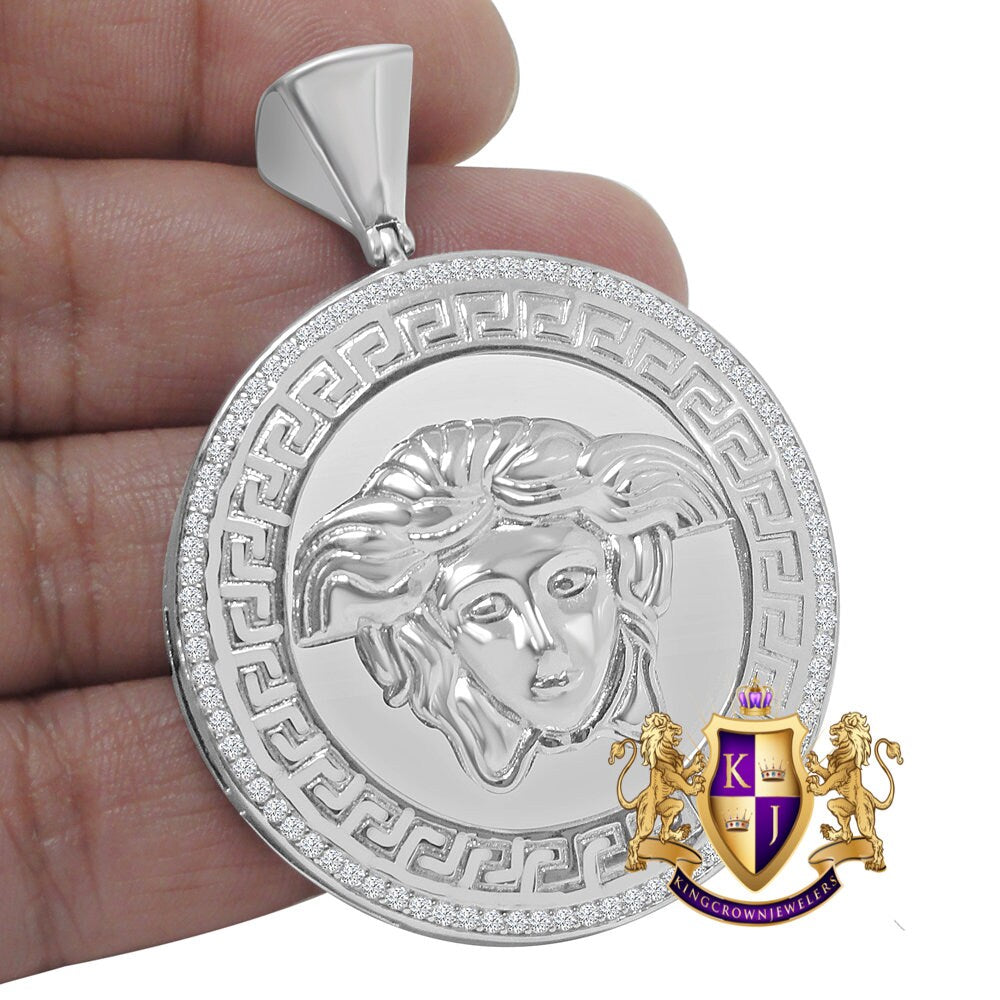 14k White Gold On Genuine Sterling Silver Simulated Diamond Lady Custom Pendant Medallion Charm Big 2.50''
