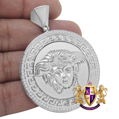 14k White Gold On Genuine Sterling Silver Simulated Diamond Lady Custom Pendant Medallion Charm Big 2.50''
