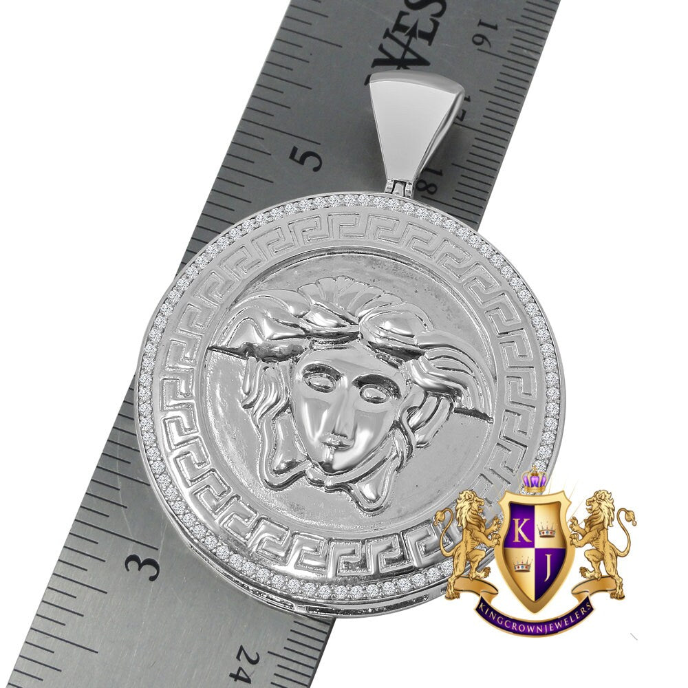 14k White Gold On Genuine Sterling Silver Simulated Diamond Lady Custom Pendant Medallion Charm Big 2.50''
